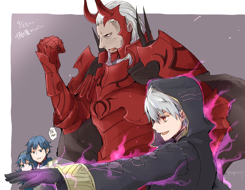 1girl, 3boys, armor, aura, blue_eyes, blue_hair, cape, chrom_(fire_emblem), dark_aura, dated, father_and_daughter, fire_emblem, fire_emblem_awakening, fire_emblem_heroes, from_side, gloves, grima_(fire_emblem), hood, hood_up, long_hair, long_sleeves, lucina, lucina_(fire_emblem), multiple_boys, open_mouth, red_eyes, robaco, robin_(fire_emblem), robin_(fire_emblem)_(male), short_hair, simple_background, walhart_(fire_emblem), white_hair