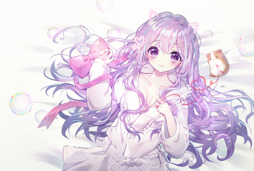 1girl, bangs, bed_sheet, bow, breasts, bubble, closed_mouth, collarbone
