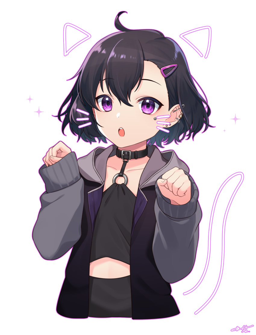 1boy, 1girl, :o, ahoge, bangs, black_collar, black_hair, black_jacket