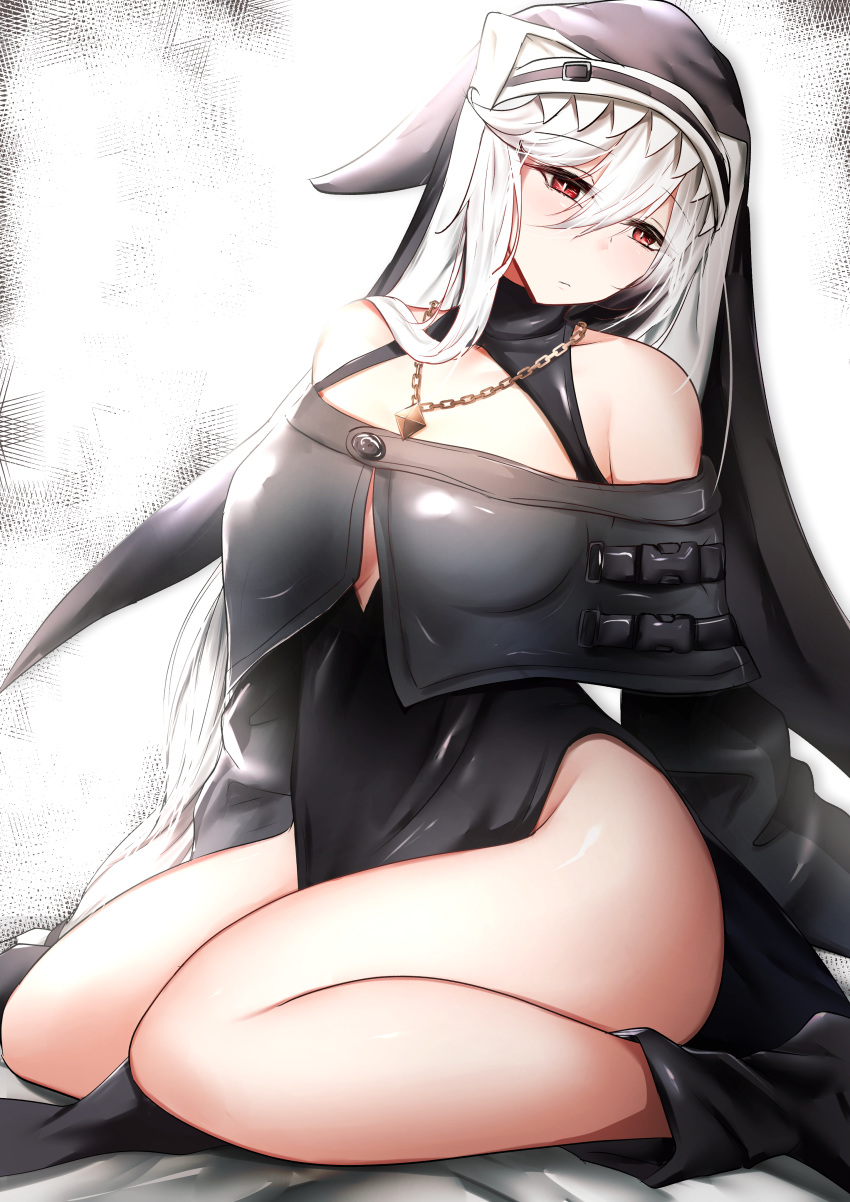 1girl, absurdres, arknights, bangs, bare_legs, bare_shoulders, black_dress, black_footwear, boots, chain, chain_necklace, commentary_request, dress, eyebrows_visible_through_hair, groin, habit, hair_between_eyes, highres, jewelry, kouki_hanada, long_hair, necklace, off-shoulder_dress, off_shoulder, red_eyes, silver_hair, sitting, solo, specter_(arknights), thighs, very_long_hair, wariza