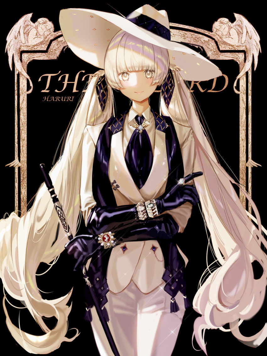 1girl, artist_name, background_text, bangs, black_background, black_gloves, blunt_bangs, brown_eyes