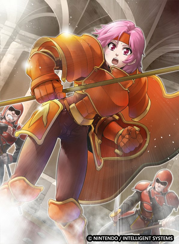 1girl, 2boys, armor, armored_boots, boots, castle, fire_emblem, fire_emblem:_the_binding_blade, fire_emblem_cipher, gwendolyn_(fire_emblem), headband, mineri, multiple_boys, official_art, pink_eyes, pink_hair, polearm, red_armor, red_headband, shield, shoulder_armor, spear, weapon