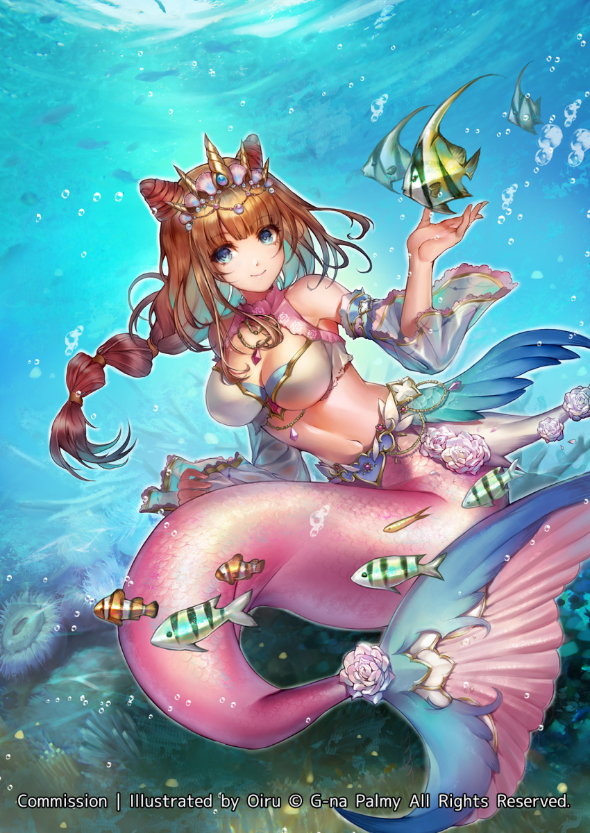 blue_eyes, braid, breasts, brown_hair, commission, coral_reef, crown_hair_ornament, detached_sleeves, fins, fish, fish_tail, flower_ornament, highres, kittika_thaworn, medium_breasts, mermaid, monster_girl, navel, original, sitting, tail, underwater