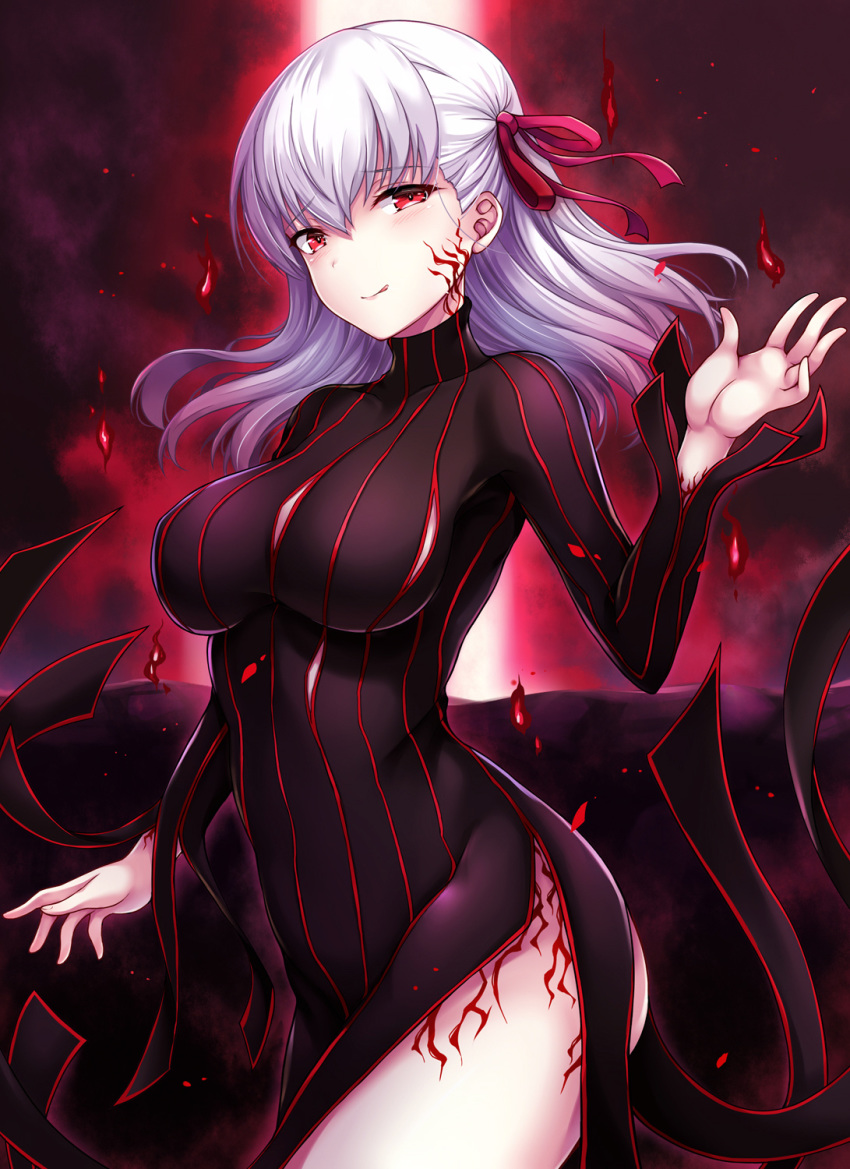 1girl, bangs, black_dress, blush, body_markings, breasts, closed_mouth, corruption