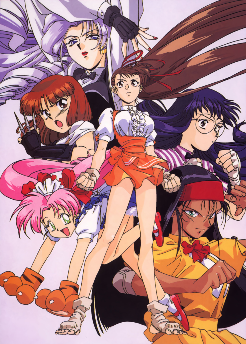 1990s_(style), 6+girls, anna_miller, aqua_eyes, arms_up, black_hair, blue_eyes, blue_hair