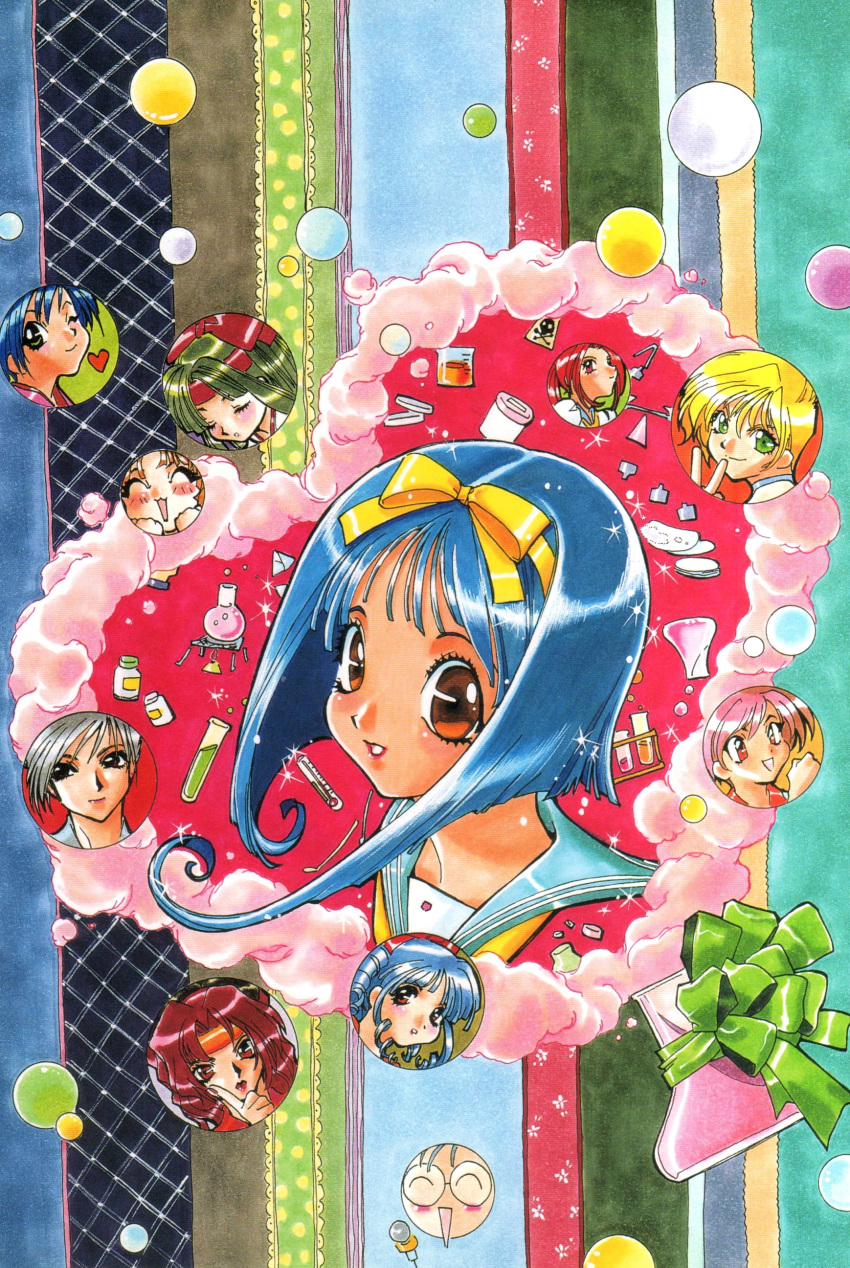 1990s_(style), 6+girls, absurdres, asuka_120_percent, blonde_hair, blue_hair, blue_sailor_collar, bow