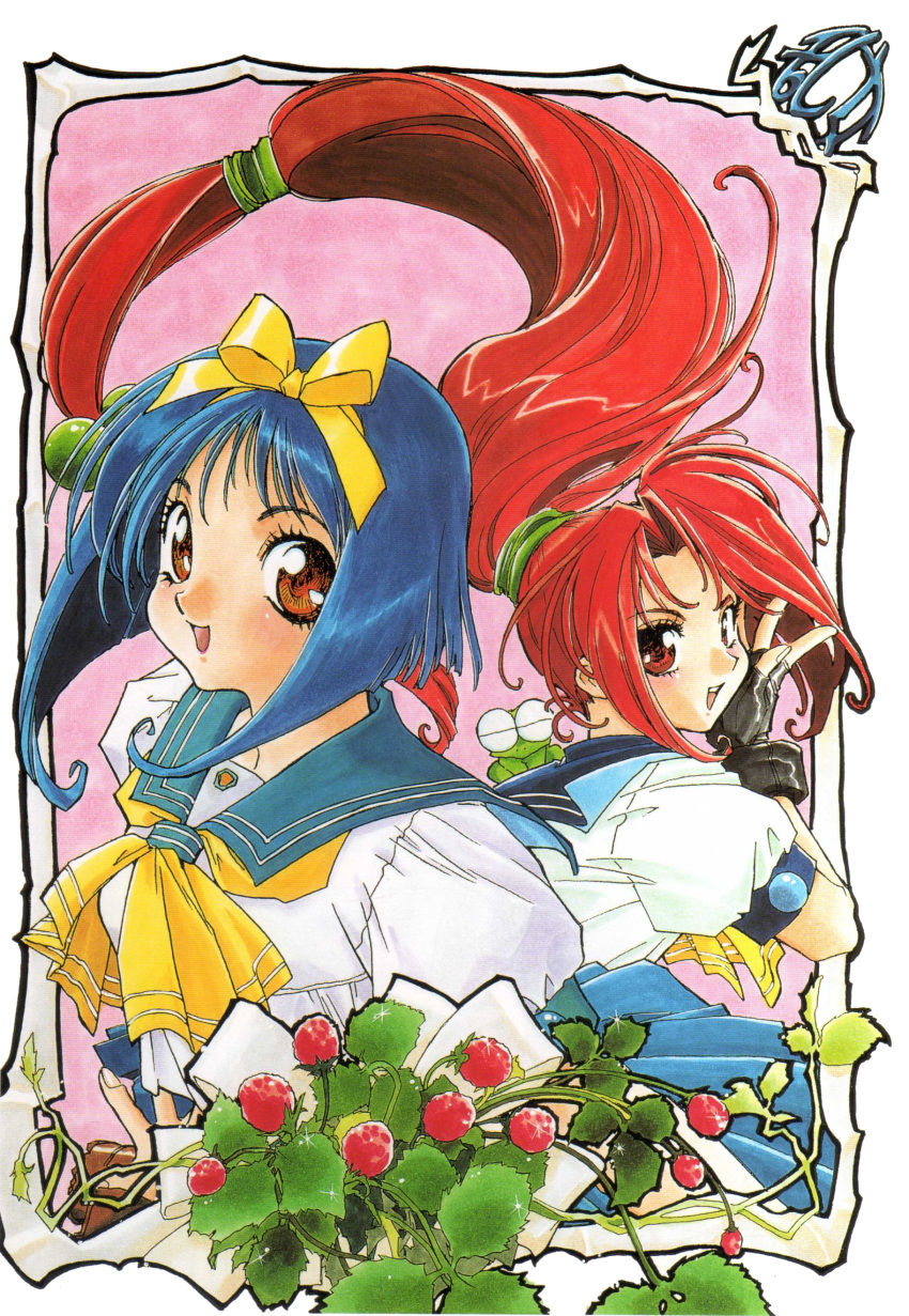 1990s_(style), 2girls, absurdres, asuka_120_percent, berries, black_gloves, blue_hair, blue_sailor_collar