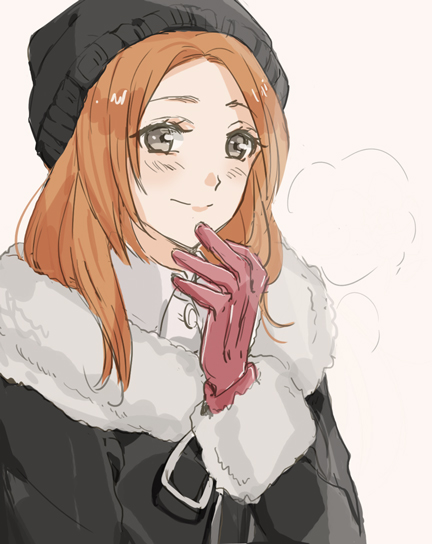 1girl, black_gloves, black_headwear, bleach, blush, brown_hair, closed_mouth, fur-trimmed_sleeves