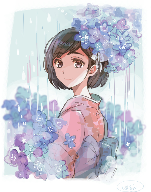 1girl, bangs, black_hair, bleach, blue_flower, brown_eyes, character_request, closed_mouth