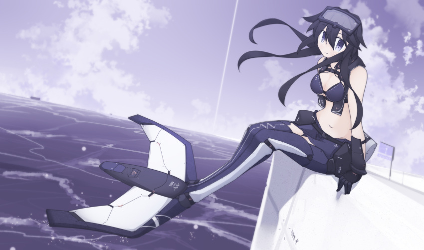 1girl, bikini, bikini_under_clothes, black_gloves, black_hair, blue_eyes, clouds, cloudy_sky