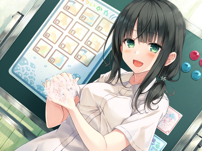 1girl, :d, ayakashi_kyoushuutan, bangs, black_hair, blunt_bangs, breasts, chalkboard