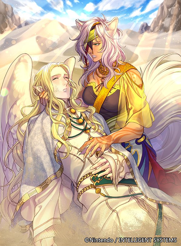 1boy, 1girl, animal_ears, bird_wings, blonde_hair, claws, closed_eyes, desert