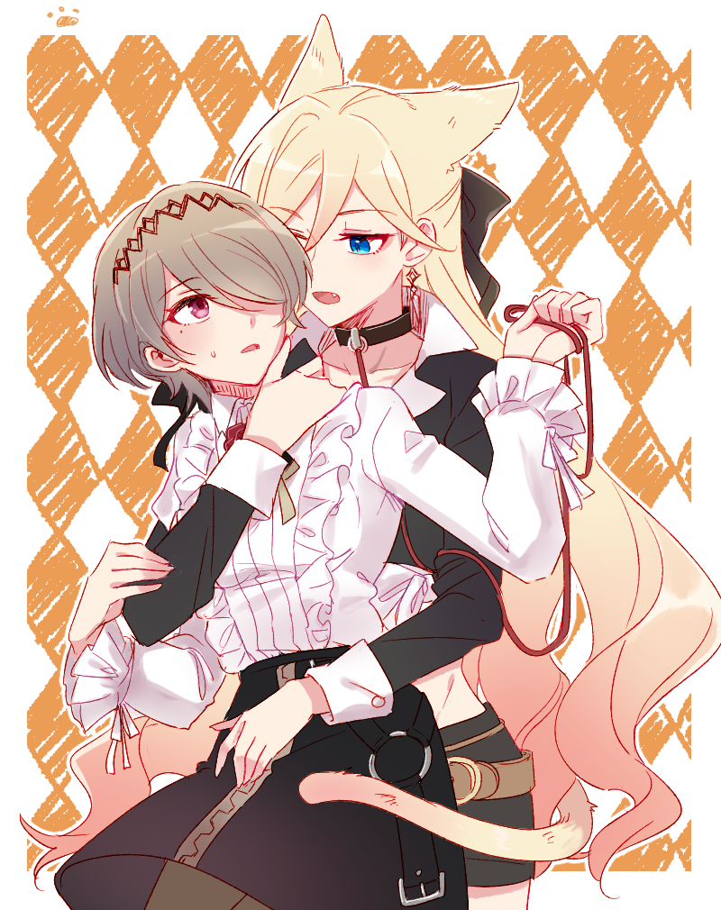 2girls, 6_(yuchae), animal_ears, bianka_durandal_ataegina, black_skirt, blonde_hair, blue_eyes, blush, cat_ears, cat_tail, collar, dog_collar, dog_ears, earrings, eye_contact, fang, frilled_shirt, frilled_sleeves, frills, hair_over_one_eye, honkai_(series), honkai_impact_3rd, hug, hug_from_behind, jewelry, light_brown_hair, long_hair, long_sleeves, looking_at_another, mole, mole_under_eye, multiple_girls, rita_rossweisse, shirt, short_hair, skirt, tail, very_long_hair, violet_eyes, white_shirt, yuri