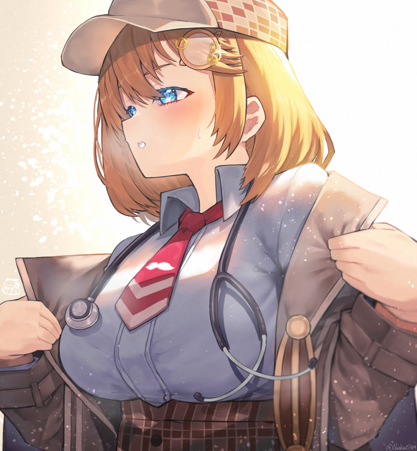 1girl, absurdres, blonde_hair, blue_eyes, breasts, coat, deerstalker, hat