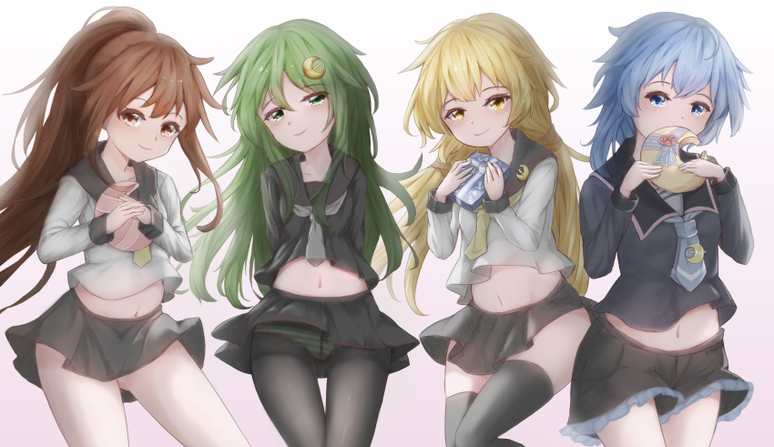 black_legwear, blonde_hair, blue_eyes, blue_hair, crescent, crescent_hair_ornament, crescent_moon_pin, fumizuki_(kantai_collection)