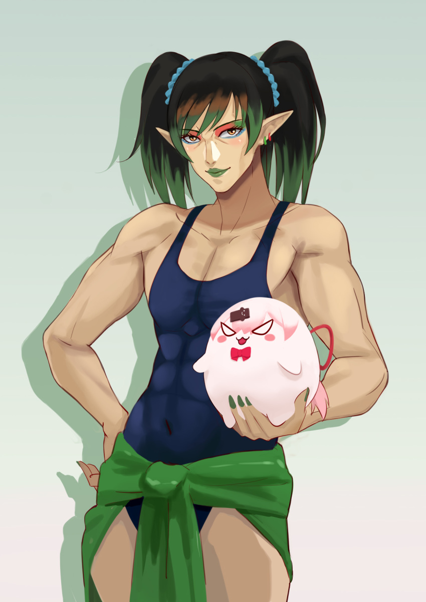 1boy, :3, :d, abs, black_hair, blue_background, blush, bow