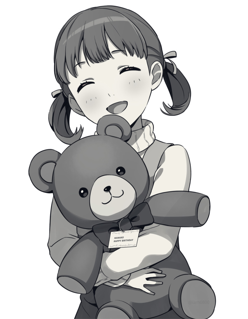 1girl, :d, ^_^, bangs, birthday_card, blush, character_name, closed_eyes