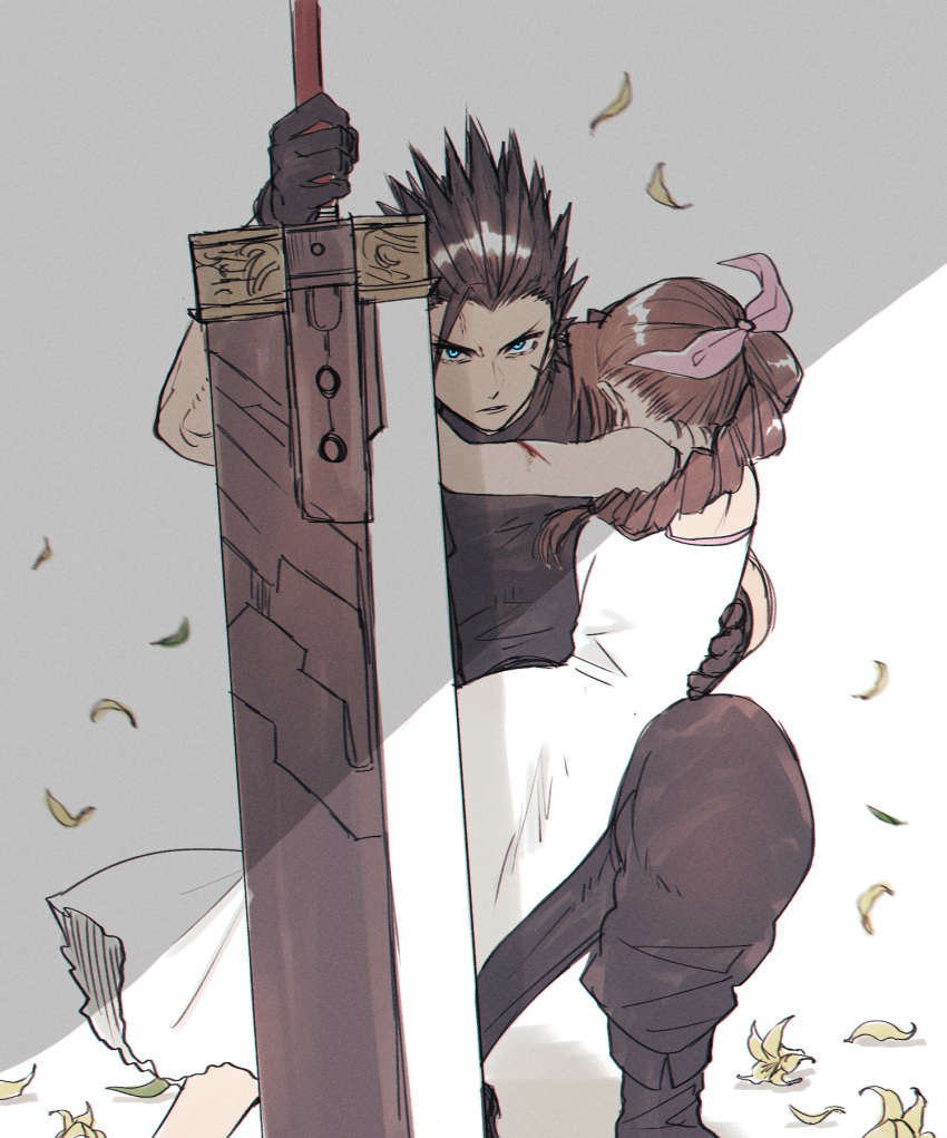1girl, aerith_gainsborough, ah_yoshimizu, black_footwear, black_gloves, black_hair, black_pants, black_shirt