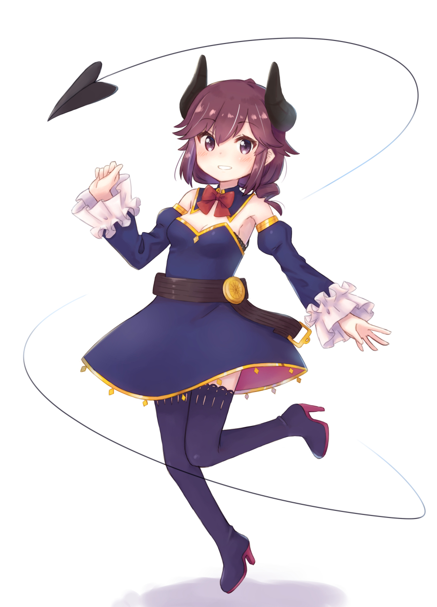1girl, boots, demon_girl, demon_horns, demon_tail, detached_collar, detached_sleeves, dress