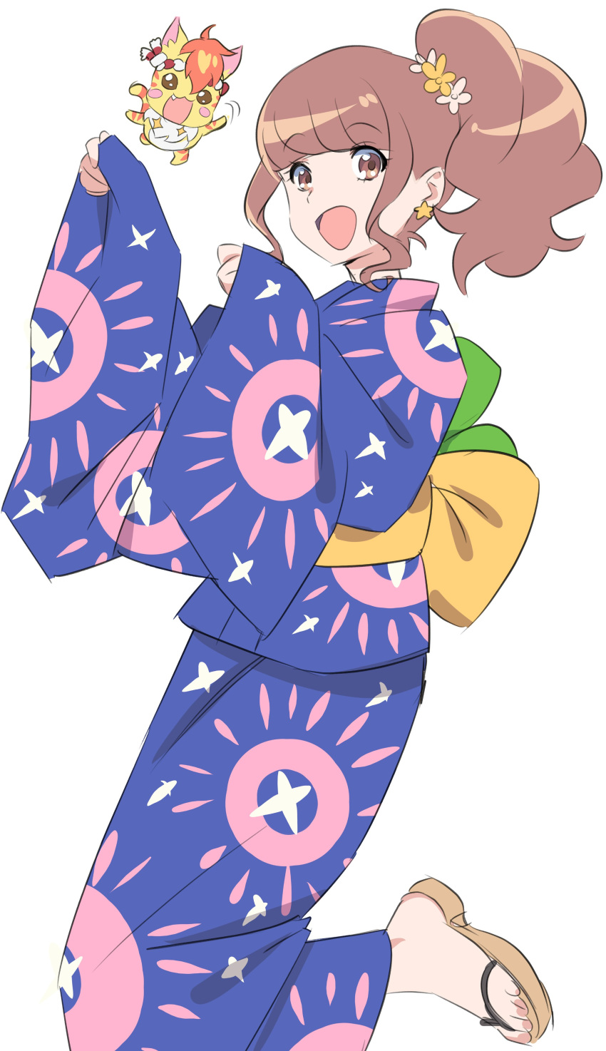 1boy, 1girl, :d, absurdres, animal_ears, bangs, blue_kimono, blunt_bangs