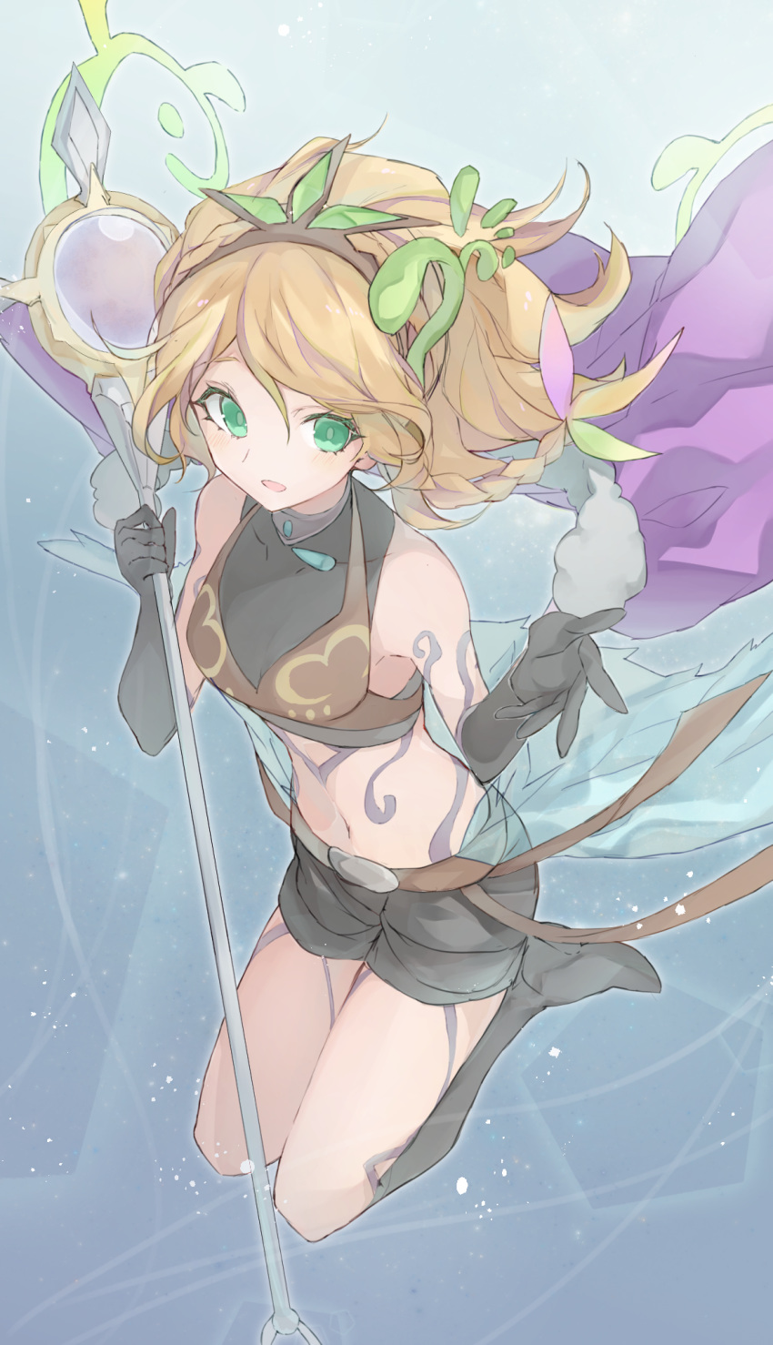 1girl, arm_tattoo, bare_shoulders, belt, belt_buckle, black_gloves, blonde_hair, braid