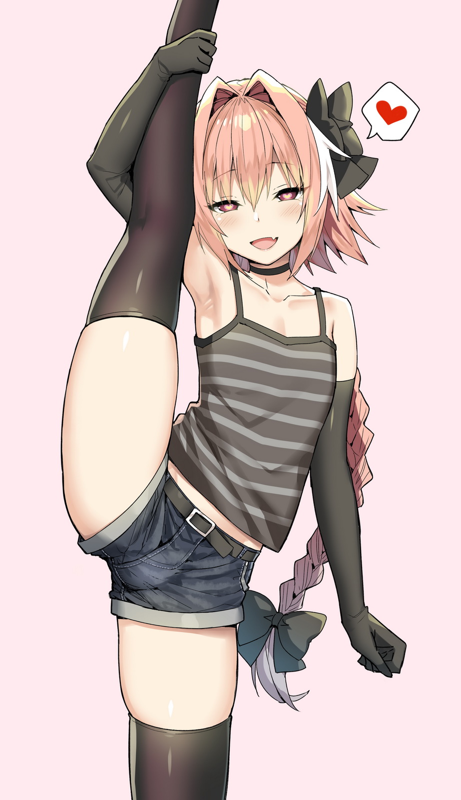 1boy, astolfo_(fate), bangs, belt, black_bow, black_gloves, black_legwear, blush