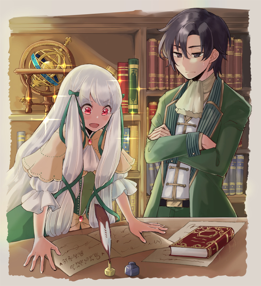 1boy, 1girl, :d, black_eyes, black_hair, book, bookshelf, brooch