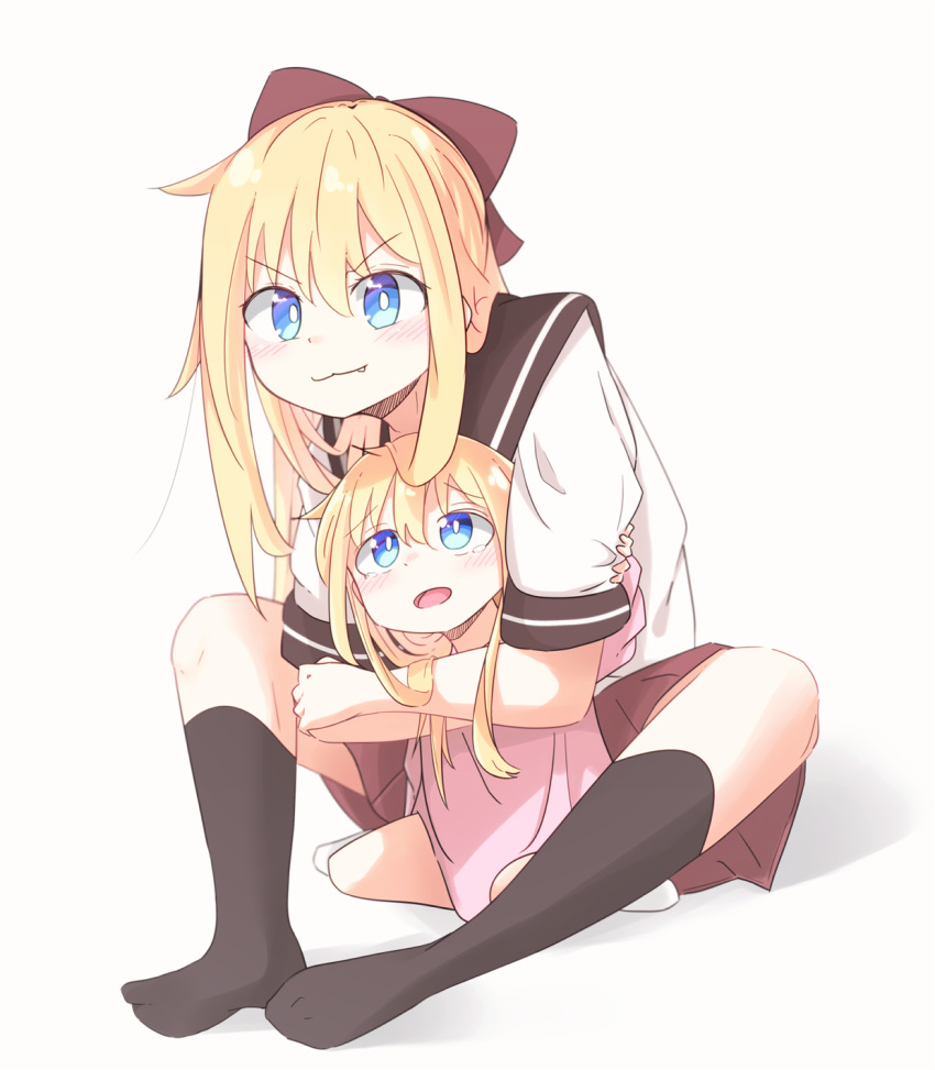 2girls, age_difference, age_regression, black_legwear, blonde_hair, blue_eyes, blue_hair, dress