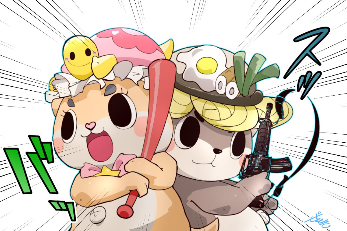 1boy, 1other, :3, :d, animal_ears, animal_on_head, back-to-back, baseball_bat