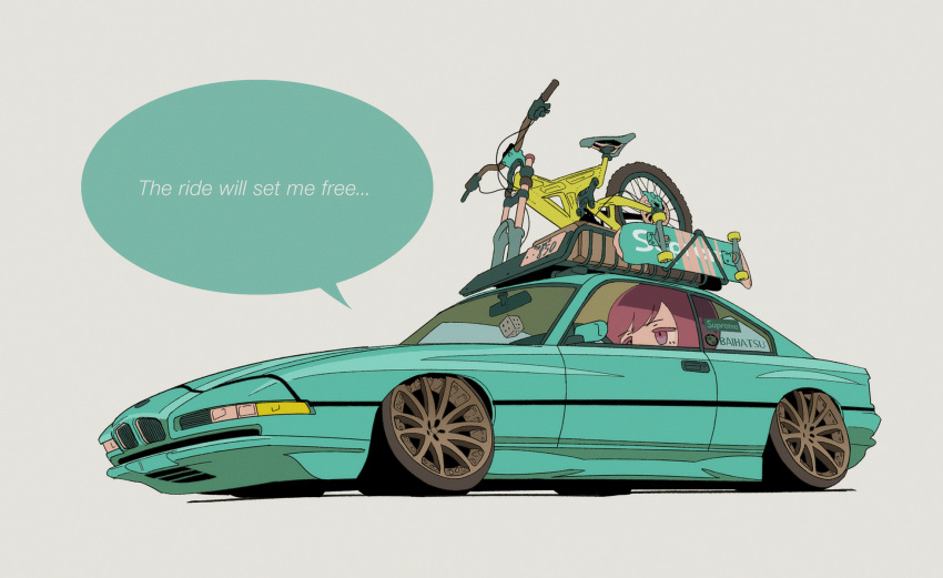 bicycle, bmw, bmw_850i, car, dice, driving, english_text, flat_color, grey_background, ground_vehicle, highres, left-hand_drive, looking_ahead, motor_vehicle, original, red_eyes, redhead, rikona, simple_background, skateboard, speech_bubble, supreme