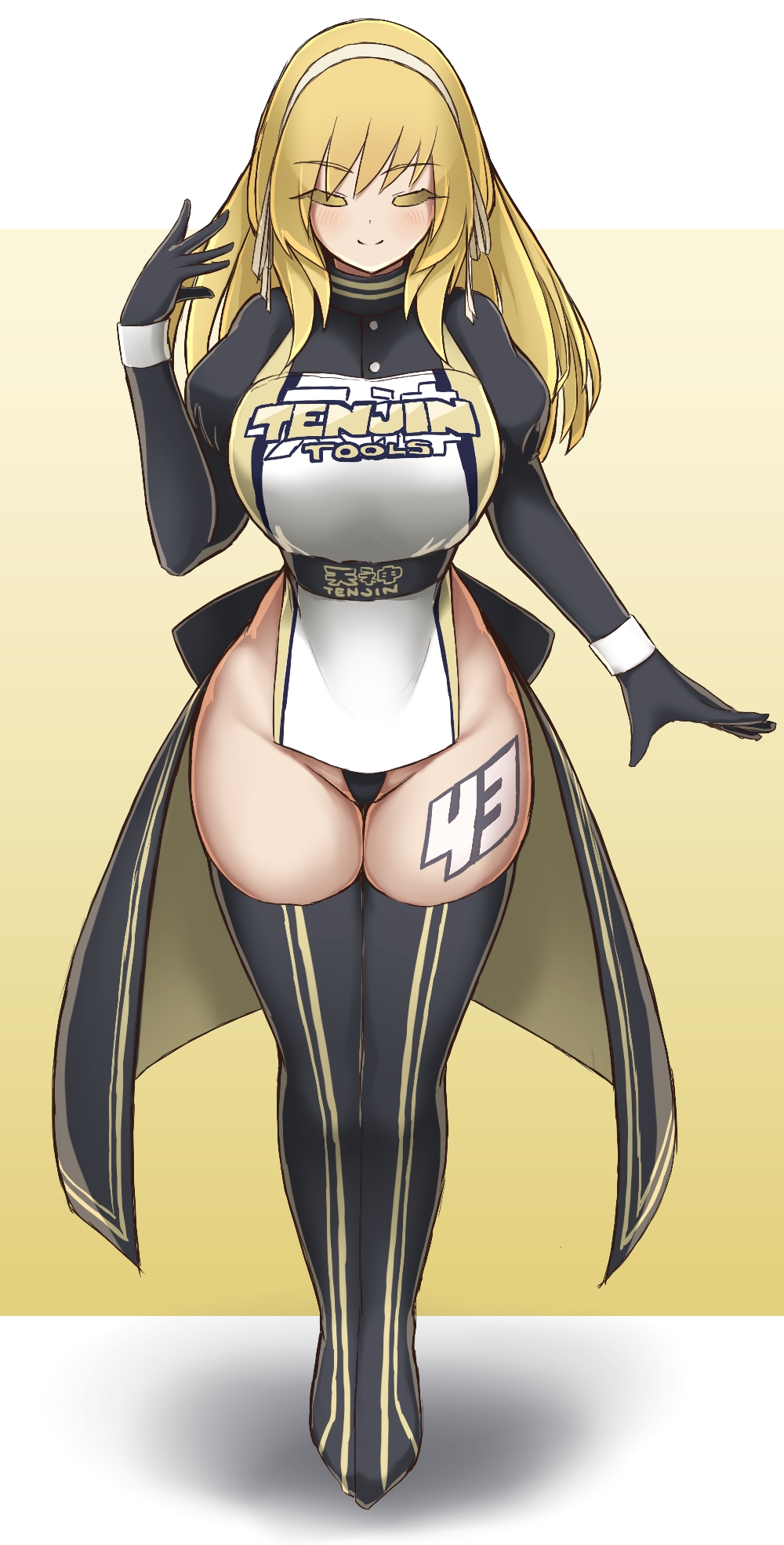 1girl, bangs, blonde_hair, breasts, closed_eyes, curvy, eyelashes, hairband, highleg, highres, large_breasts, long_hair, original, racequeen, smile, standing, thigh-highs, white_hairband, xyv_1