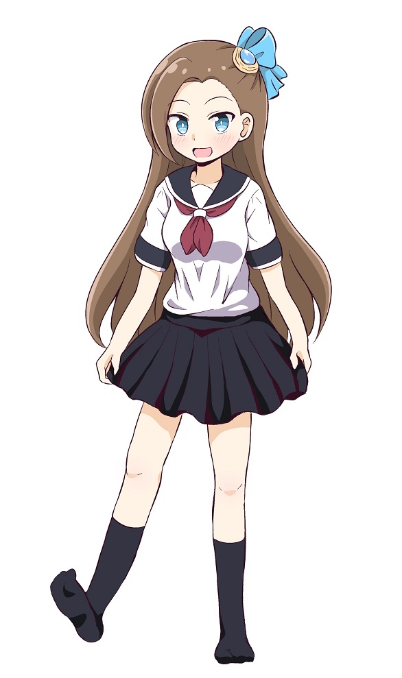 1girl, asymmetrical_bangs, bangs, black_legwear, black_skirt, blue_bow, blue_eyes, bow