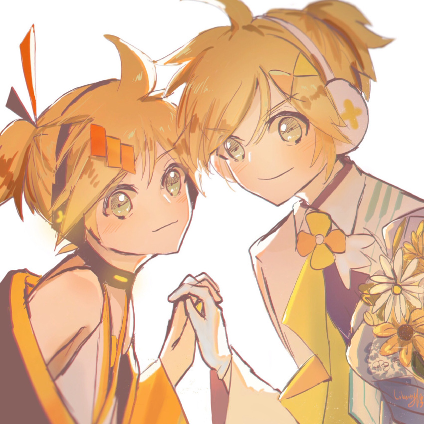 2boys, aqua_eyes, backlighting, blonde_hair, bouquet, collar, commentary, daisy