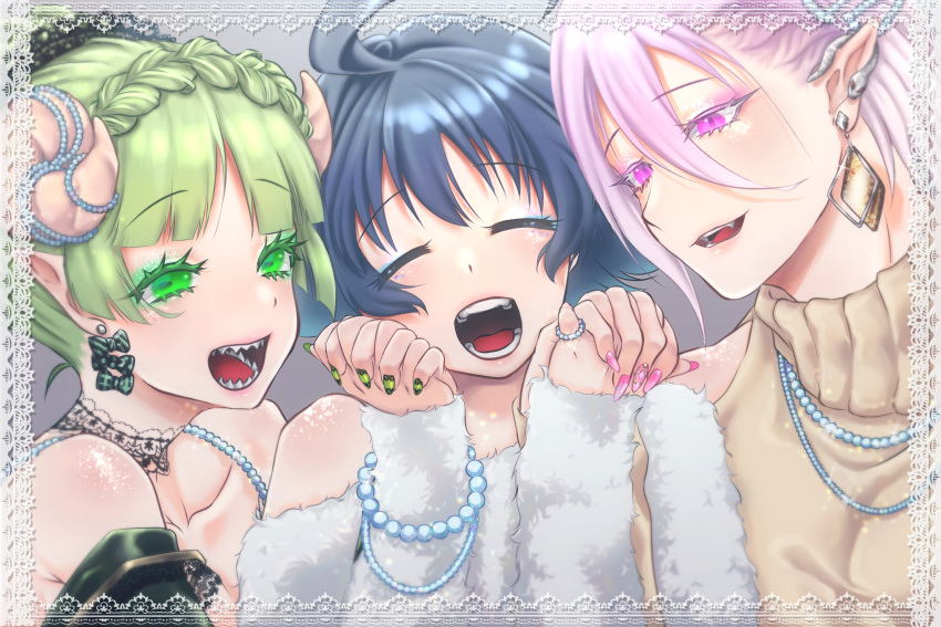 1girl, 2boys, absurdres, asmodeus_alice, bare_shoulders, blue_hair, crossdressinging, earrings, eyeshadow, green_eyes, green_hair, highres, horns, jewelry, mairimashita!_iruma-kun, makeup, multiple_boys, nail_polish, necklace, nipponpon08, open_mouth, pearl_necklace, pink_eyes, pink_hair, pointy_ears, sharp_teeth, smile, suzuki_iruma, teeth, turtleneck_dress, valac_clara