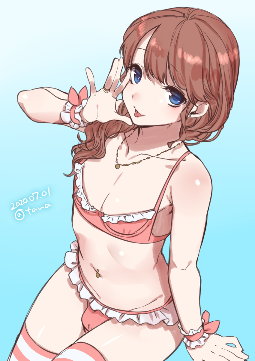 1boy, :p, bangs, blue_background, blush, bra, brown_hair, crossdressinging