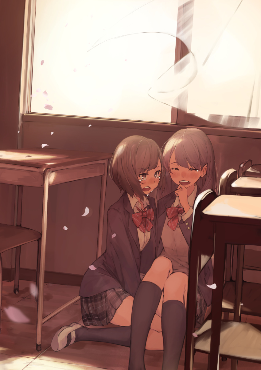 2girls, absurdres, brown_eyes, brown_hair, classroom, closed_eyes, crying, highres