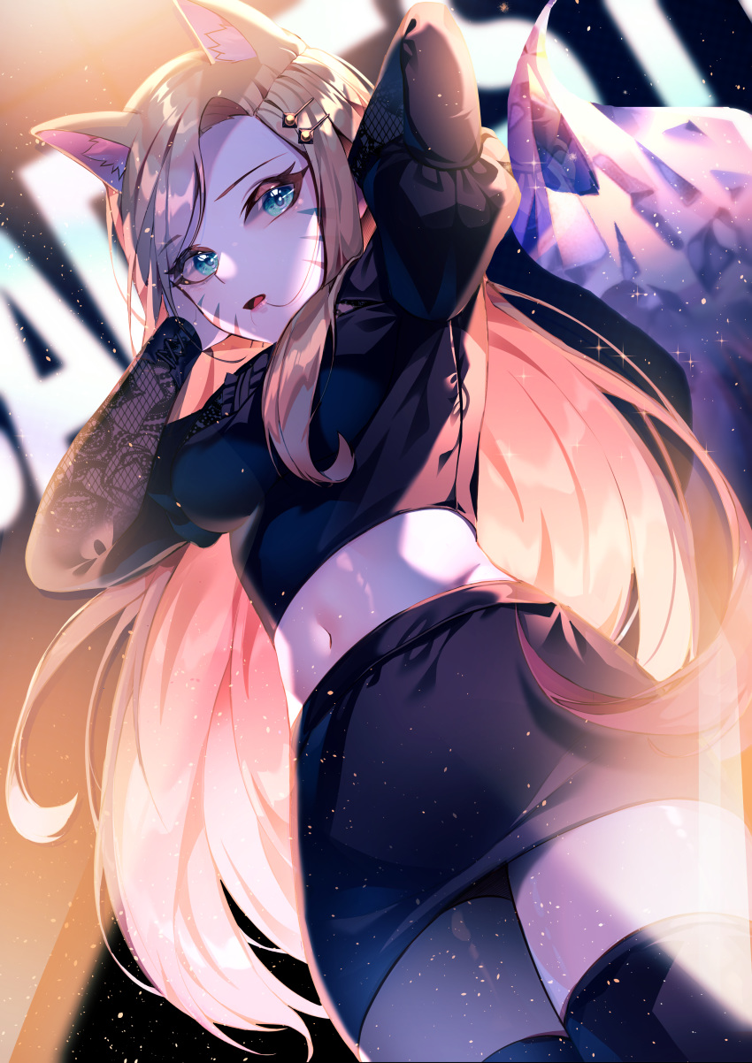 1girl, absurdres, ahri, animal_ears, blonde_hair, blue_eyes, breasts, crystal_tail