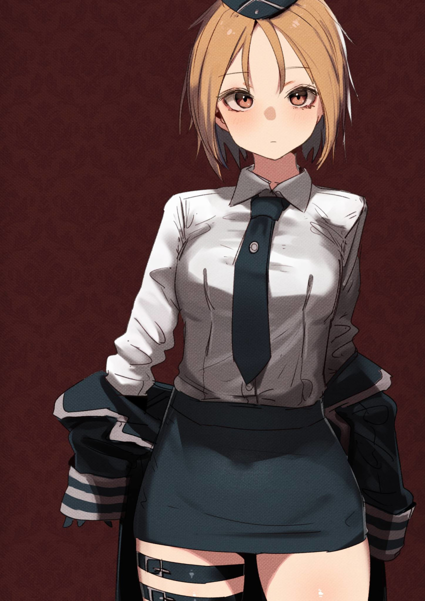 1girl, akitaka_takaaki, bangs, black_headwear, black_jacket, black_neckwear, black_skirt, blonde_hair