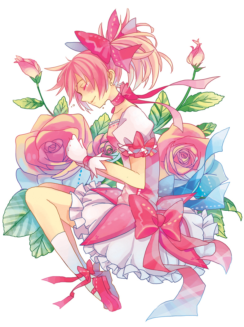 1girl, ankle_ribbon, ankle_strap, blush, breasts, bubble_skirt, bud, choker, closed_eyes, closed_mouth, collarbone, commentary, cross-laced_footwear, crying, flower, flying_teardrops, frilled_skirt, frilled_sleeves, frills, from_side, full_body, gloves, hair_ribbon, hands_together, hands_up, happy_tears, kaname_madoka, knees_to_chest, leaf, legs_together, light_smile, mahou_shoujo_madoka_magica, miki_(986197), oversized_flowers, pink_choker, pink_flower, pink_footwear, pink_hair, pink_neckwear, pink_ribbon, pink_rose, pink_theme, profile, puffy_short_sleeves, puffy_sleeves, ribbon, ribbon_choker, rose, short_sleeves, simple_background, skirt, small_breasts, socks, solo, soul_gem, symbol_commentary, tears, twintails, wavy_mouth, white_background, white_gloves, white_legwear, white_skirt