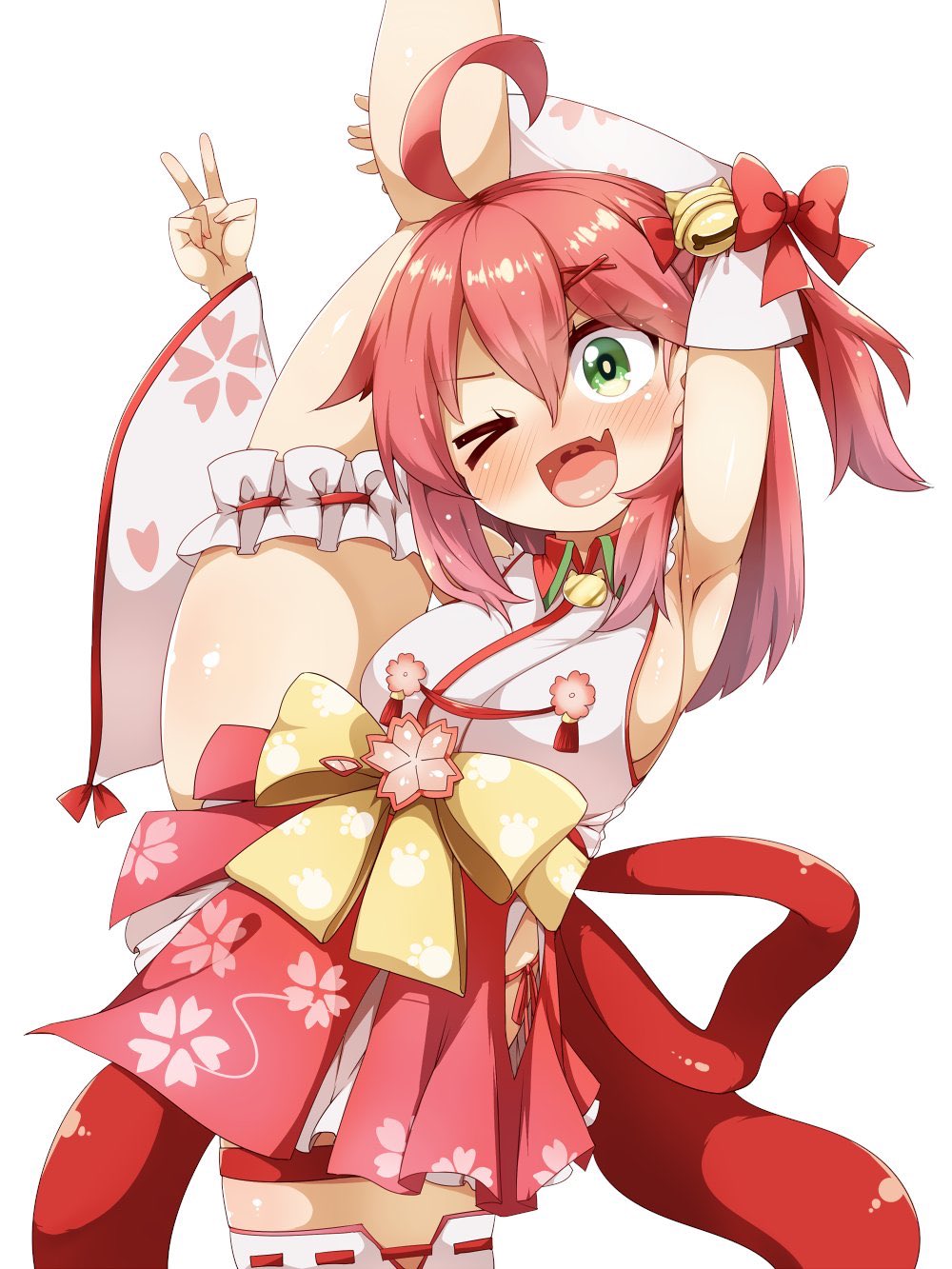 >_o, 1girl, ahoge, armpits, bell, blush, breasts, cherry_blossom_print