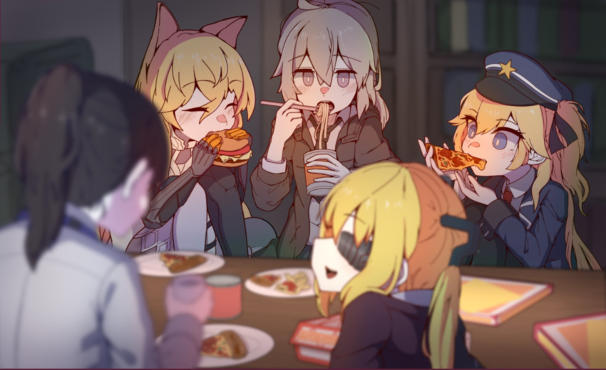 5girls, animal_ears, black_hair, blonde_hair, chopsticks, commentary_request, eating, eyepatch