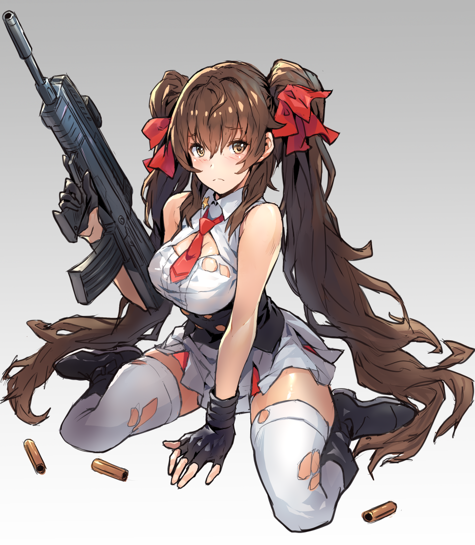 1girl, assault_rifle, bare_shoulders, boots, brown_hair, bullpup, eyebrows_visible_through_hair, fingerless_gloves