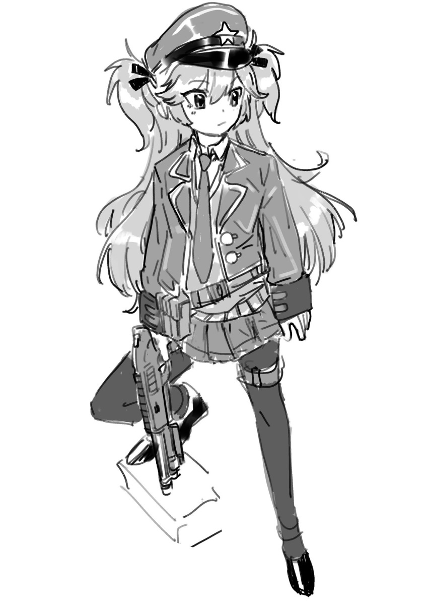 1girl, bangs, girls_frontline, greyscale, gun, hair_between_eyes, hair_ribbon, hat