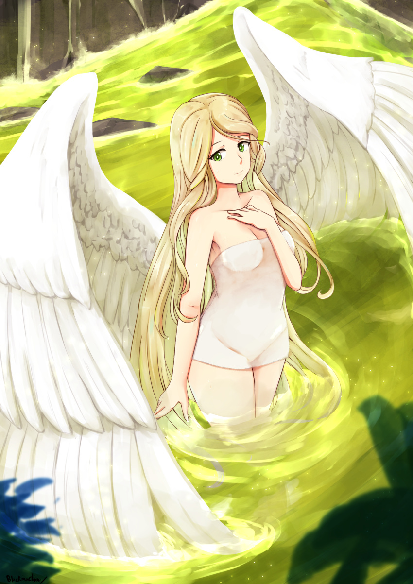 1girl, angel_wings, bath, bathing, blackma_(pagus0012), blonde_hair, collarbone, feathered_wings, fire_emblem, fire_emblem:_radiant_dawn, fire_emblem_heroes, green_eyes, hand_on_own_chest, highres, leanne_(fire_emblem), long_hair, naked_towel, onsen, partially_submerged, rock, smile, solo, towel, water, white_towel, white_wings, wings