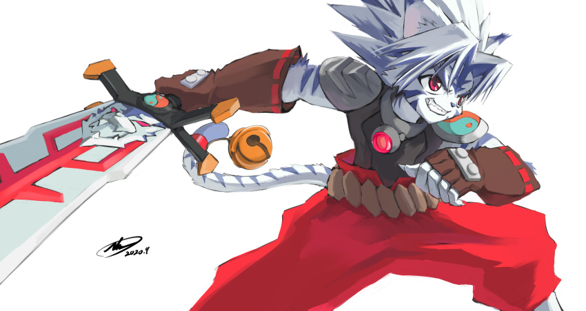 1boy, absurdres, andrew_leung, animal_ear_fluff, animal_ears, armor, bell, belt, blue_hair, brown_gloves, byakko_no_kogenta, dated, fingerless_gloves, fingernails, furry, gloves, highres, holding, holding_sword, holding_weapon, male_focus, multicolored, multicolored_hair, onmyou_taisenki, pauldrons, red_eyes, sharp_fingernails, shoulder_armor, signature, simple_background, smile, solo, spiky_hair, sword, tail, tail_bell, teeth, weapon, white_background, white_hair, yin_yang