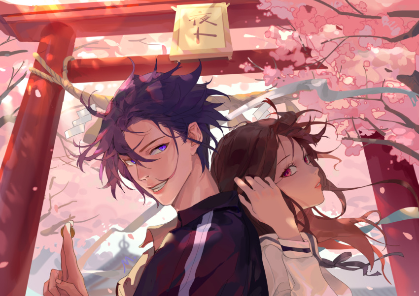 1boy, 1girl, back-to-back, black_neckwear, blue_eyes, brown_hair, cherry_blossoms, coin