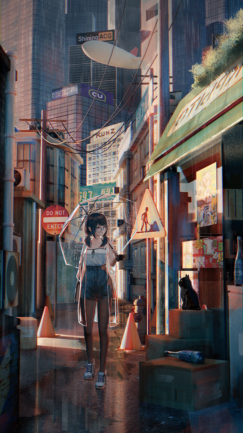 1girl, absurdres, air_conditioner, awning, black_cat, black_hair, bottle, box, brown_eyes, brown_legwear, building, cat, city, glasses, highres, holding, holding_umbrella, kiasela, original, pantyhose, power_lines, raincoat, road_sign, see-through, shoes, short_twintails, shorts, sign, skyscraper, sneakers, standing, traffic_cone, transparent, transparent_umbrella, twintails, umbrella
