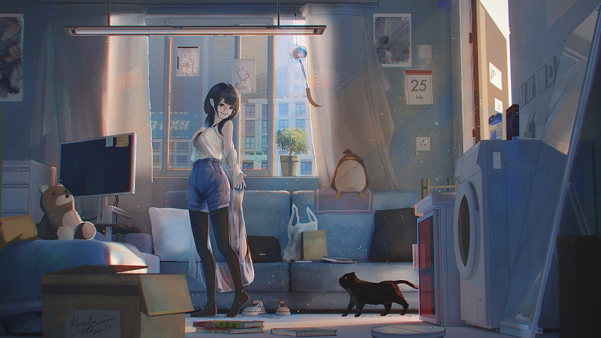 1girl, absurdres, bag, black_hair, black_legwear, book, box, calendar_(object), cat, computer, couch, dryer, glasses, highres, indoors, kiasela, mirror, monitor, original, pantyhose, plant, poster_(object), potted_plant, scenery, shirt, shopping_bag, standing, stuffed_animal, stuffed_penguin, stuffed_toy, teddy_bear, wind_chime, window