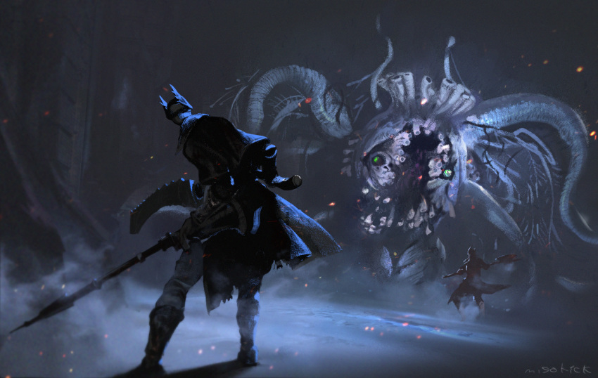2others, alien, artist_name, axe, battle, black_capelet, black_coat, black_footwear