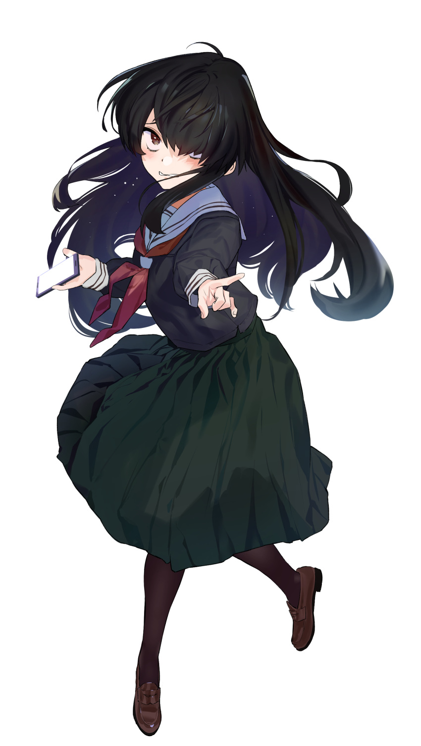 1girl, absurdres, ahoge, bangs, black_hair, black_serafuku, blush, brown_eyes
